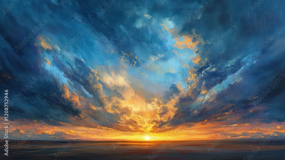 Obraz premium Dramatic sky with a vibrant sunset and dark clouds painted with dynamic brushstrokes