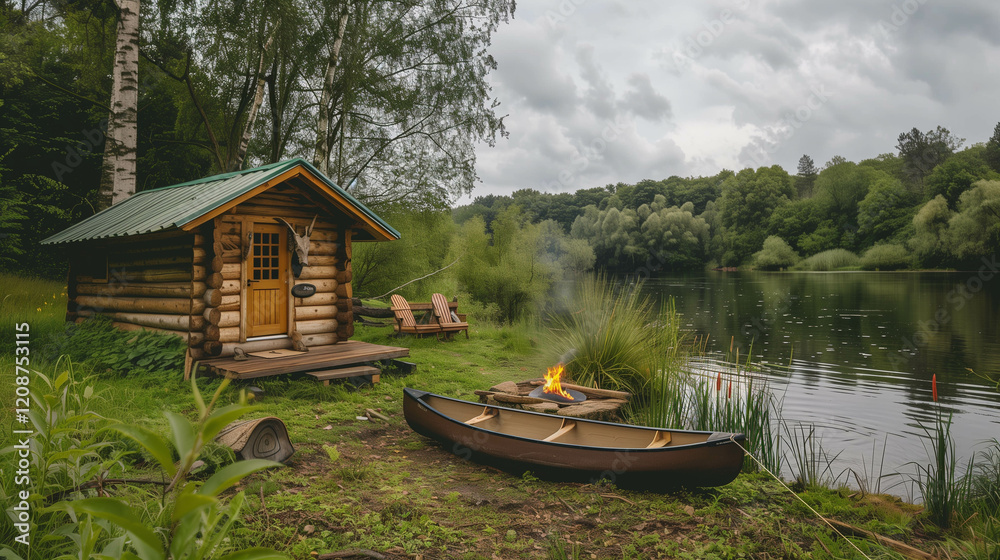 Rustic log cabin by serene lakeside with canoe and glowing campfire in forest Rustic log cabin by serene lakeside with canoe and glowing campfire in forest