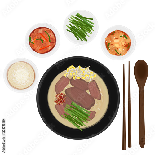 Vector Illustration Logo Clipart Top View Korean Kongnamul Gukbap or Korean Rice Soup With Banchan 