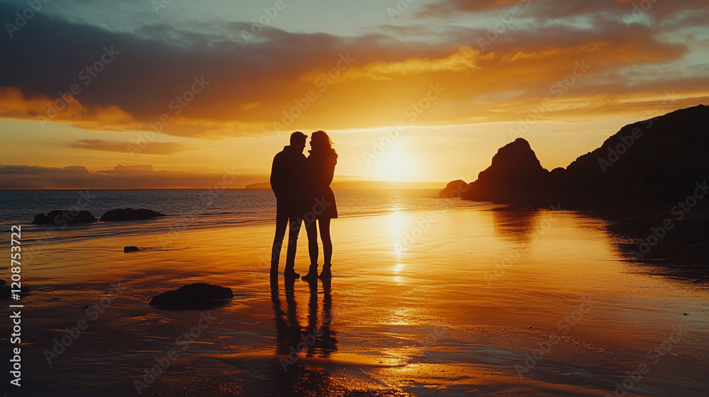 Couple embracing at sunset on a tranquil beach with reflective water and gentle waves Couple embracing at sunset on a tranquil beach with reflective water and gentle waves