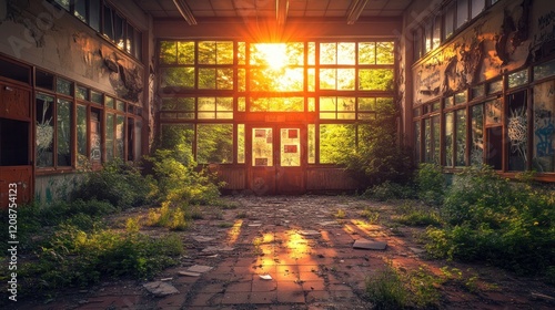 Sunset in abandoned school hallway