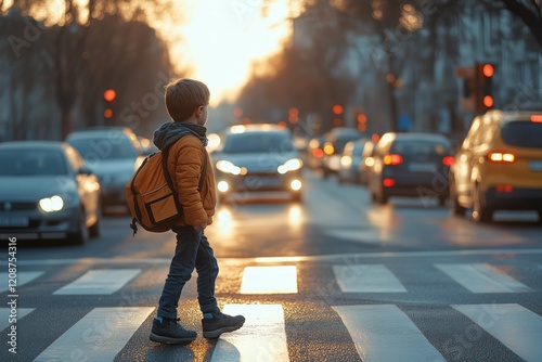 A young boy walks confidently across a busy crosswalk in a city, surrounded by cars. The warm glow of the sunset casts a golden light, creating a peaceful yet busy atmosphere