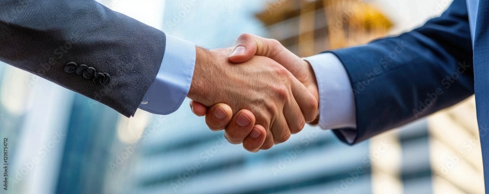 Two business professionals engage in a handshake, symbolizing agreement and partnership against an urban backdrop. Two business professionals engage in a handshake, symbolizing agreement and partnership against an urban backdrop.