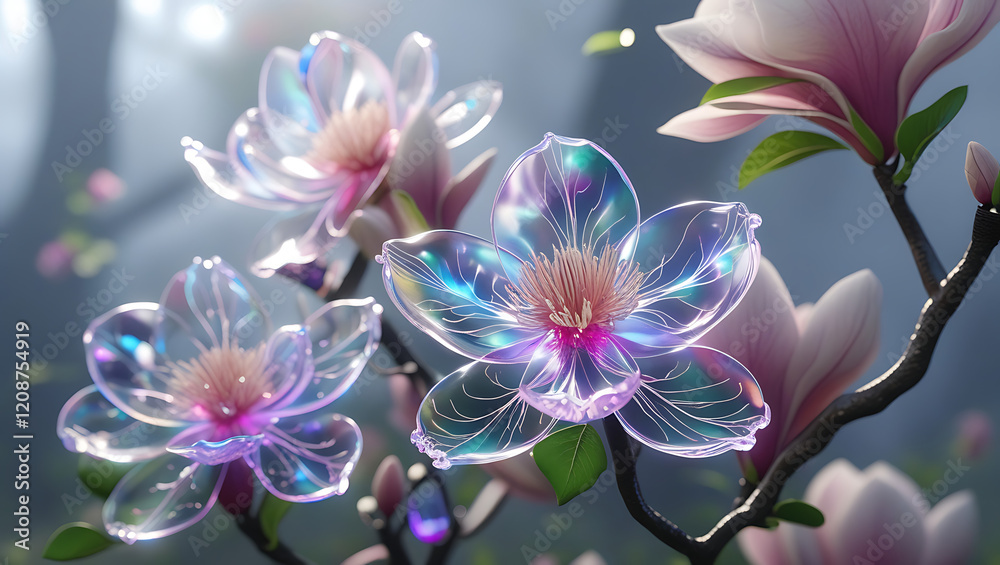 Fototapeta premium beautiful light spectrum magnolia flowers, created by generative ai