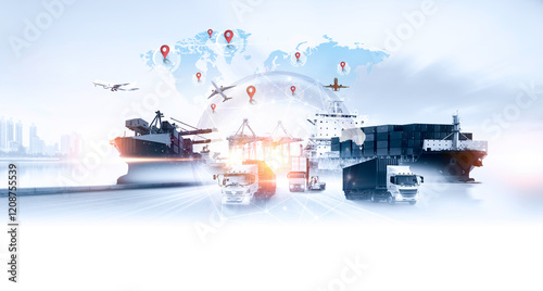 Global business of Container Cargo freight train for Business logistics concept, Air cargo trucking, Rail transportation and maritime shipping, Online goods orders worldwide