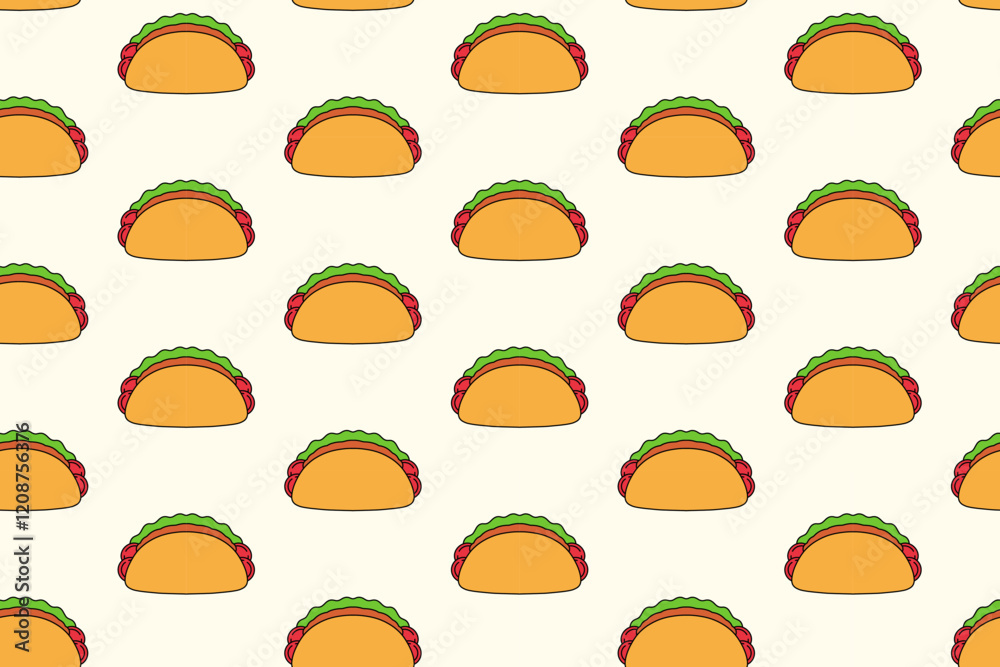 tasty taco food colorful pattern on cream background. doodle taco mexican food object symbol seamless pattern background. taco with tomato, lettuce, meat seamless pattern for decor, merchandise tasty taco food colorful pattern on cream background. doodle taco mexican food object symbol seamless pattern background. taco with tomato, lettuce, meat seamless pattern for decor, merchandise