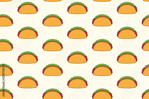 tasty taco food colorful pattern on cream background. doodle taco mexican food object symbol seamless pattern background. taco with tomato, lettuce, meat seamless pattern for decor, merchandise