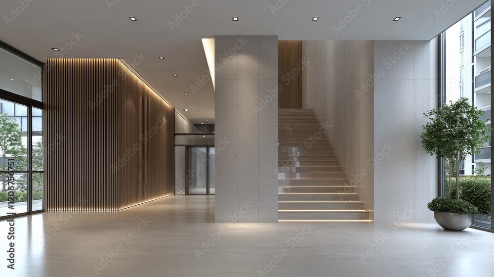 Obraz premium Modern building lobby staircase, city view