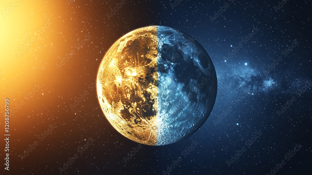 Fototapeta premium Celestial body showcasing sunlit and shadowed halves against deep space backdrop