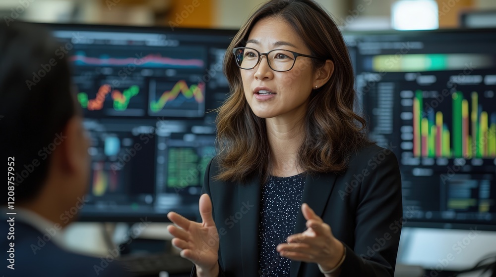A photo of the business woman wearing black blazer giving an interview to another person while gesturing towards computer screens showing AI data and analytics software interface. A photo of the business woman wearing black blazer giving an interview to another person while gesturing towards computer screens showing AI data and analytics software interface.