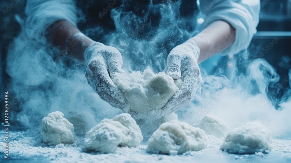 Fototapeta premium A photograph of someone making doughy cookies, covered in flour and sugar, in light blue pastel colors, with a misty background and a dreamlike atmosphere.