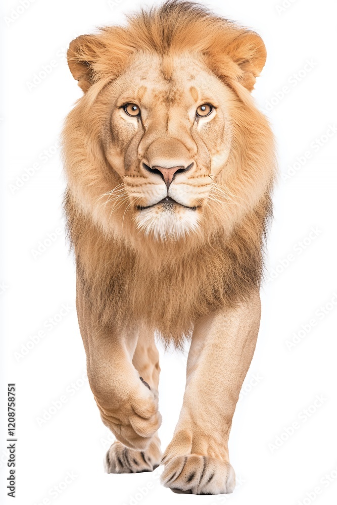 Obraz premium Majestic Lion Walking Towards the Camera in Bright White Background