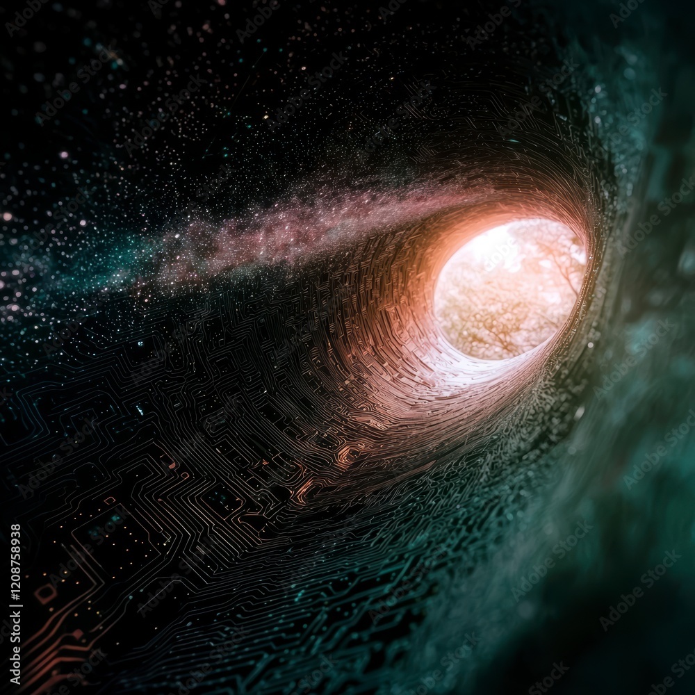 Fototapeta premium Futuristic Metaverse Tunnel Digital Galaxy Circuit Board AI Wormhole