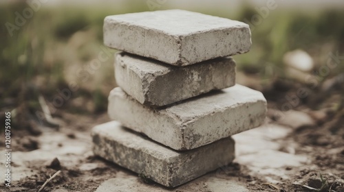 Stack of four grey paving stones outdoors on dirt.