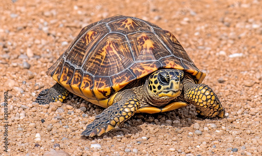 A vibrant yellow-and-brown tortoise crawls on tan, gravelly ground. A vibrant yellow-and-brown tortoise crawls on tan, gravelly ground.