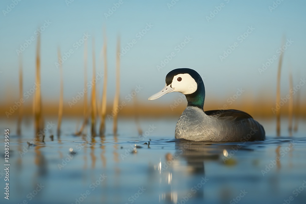 A white-headed duck swimming in calm water, golden hour light. A white-headed duck swimming in calm water, golden hour light.