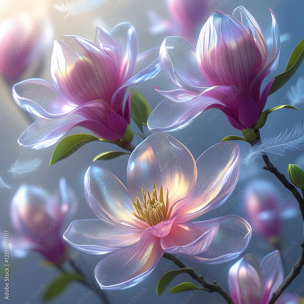Fototapeta premium beautiful light spectrum magnolia flowers, created by generative ai