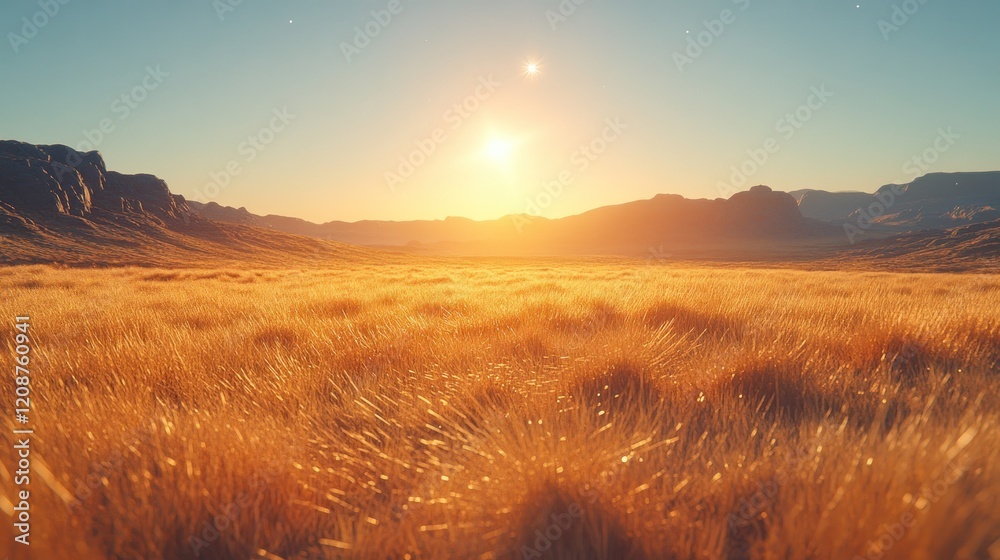 Obraz premium Sunset over golden field, mountain backdrop, peaceful landscape, nature scene