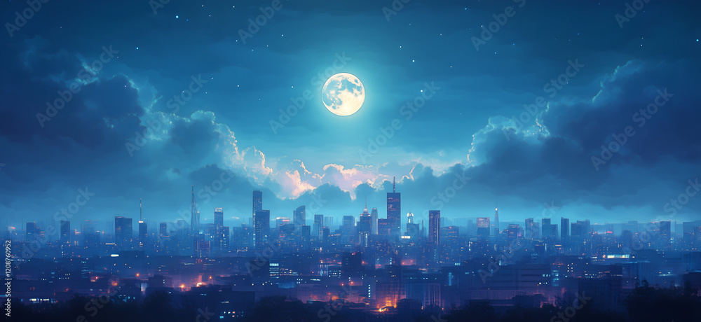 Fototapeta premium White clouds, moonlight shining on the city skyline, night sky, urban buildings