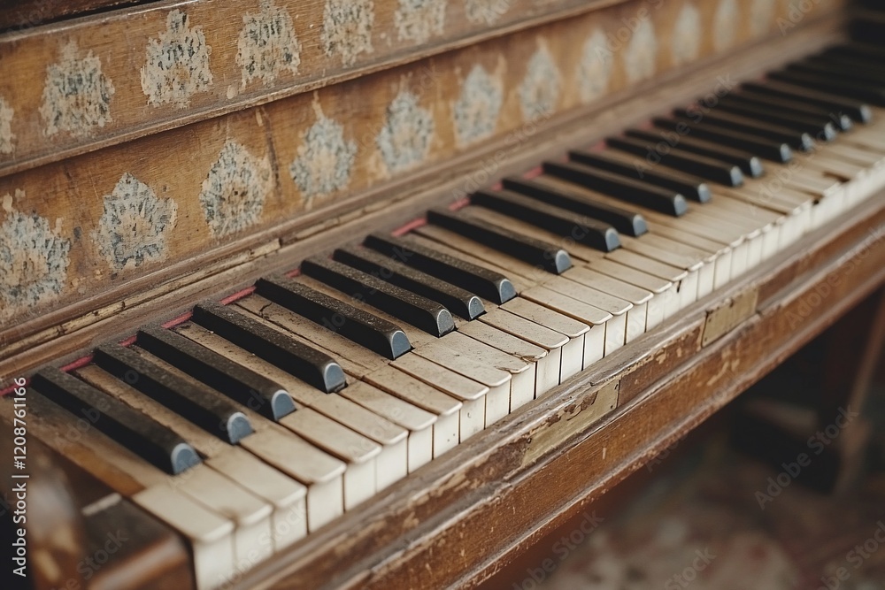 Old piano keys, worn wood, interior room, music, historical Old piano keys, worn wood, interior room, music, historical