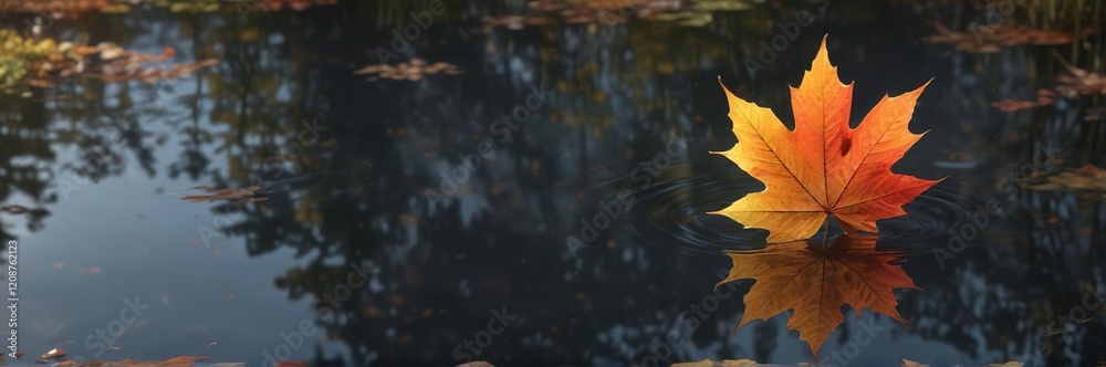 A single maple leaf gently drifting across the calm surface of a pond during autumn, peaceful, ripples