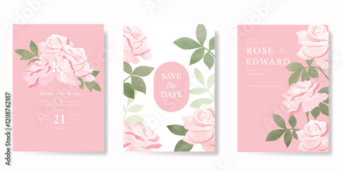 Elegant wedding invitation card background vector. Minimal hand painted pink and peach watercolor rose flowers texture. Design illustration for wedding, vip cover, poster, rsvp modern card.
