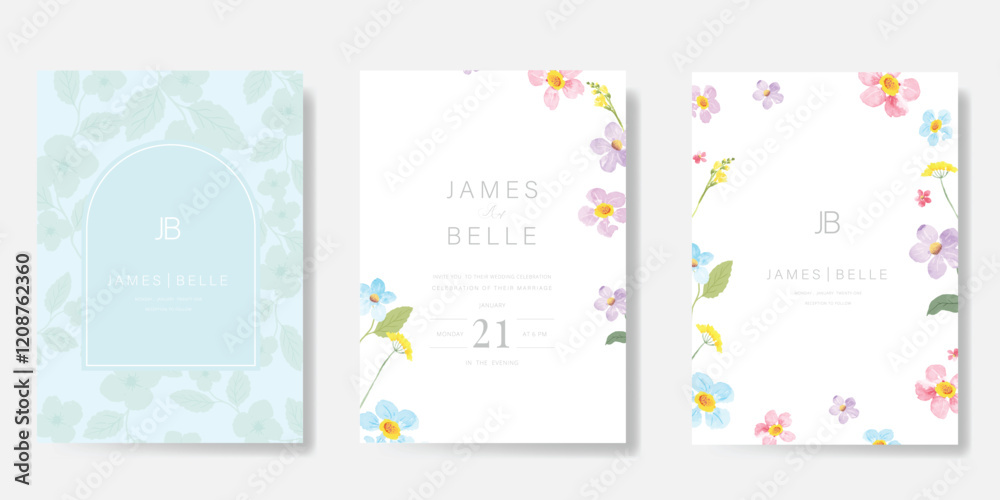 Elegant wedding invitation card background vector. Minimal hand painted watercolor botanical flowers texture template background. Design illustration for wedding, vip cover, poster, rsvp modern card. Elegant wedding invitation card background vector. Minimal hand painted watercolor botanical flowers texture template background. Design illustration for wedding, vip cover, poster, rsvp modern card.