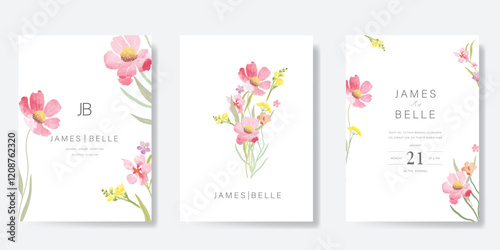Elegant wedding invitation card background vector. Minimal hand painted watercolor botanical flowers texture template background. Design illustration for wedding, vip cover, poster, rsvp modern card.