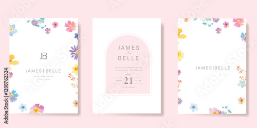 Elegant wedding invitation card background vector. Minimal hand painted watercolor botanical flowers texture template background. Design illustration for wedding, vip cover, poster, rsvp modern card.