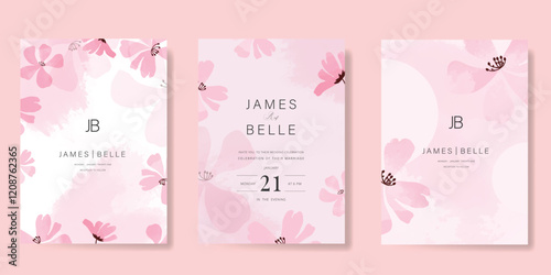 Elegant wedding invitation card background vector. Minimal hand painted pink watercolor botanical flowers texture. Design illustration for wedding, vip cover, poster, rsvp modern card.