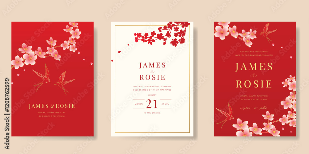 Naklejka premium Red Chinese wedding card vector set. Luxury invitation card design with cherry blossom flower, crane bird, frame. Illustration for vip cover, poster, rsvp modern card, Chinese New Year.