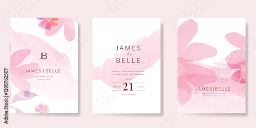 Elegant wedding invitation card background vector. Minimal hand painted pink watercolor botanical flowers texture. Design illustration for wedding, vip cover, poster, rsvp modern card.