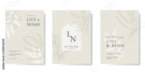 Elegant wedding invitation card background vector. Minimal hand drawn flower line art template background. Design illustration for wedding, vip cover, poster, rsvp modern card.