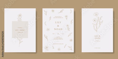 Elegant wedding invitation card background vector. Minimal hand drawn flower line art template background. Design illustration for wedding, vip cover, poster, rsvp modern card.
