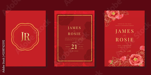 Red Chinese wedding card vector set. Luxury invitation card design with gold line peony flower, leaf branch, frame. Illustration for vip cover, poster, rsvp modern card, Chinese New Year.