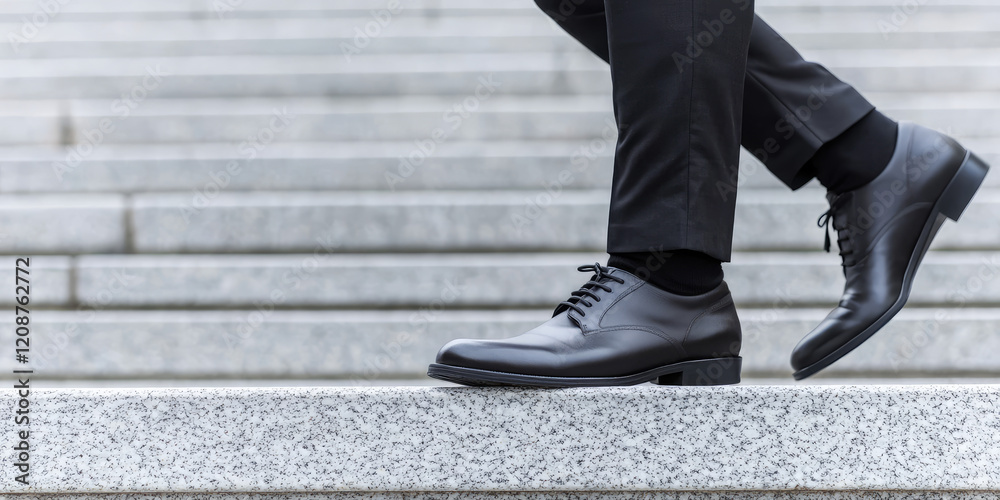 Businessman legs running fast upstairs on the stairs of an office building outdoors. Creative concept of career growth and progression towards a goal Businessman legs running fast upstairs on the stairs of an office building outdoors. Creative concept of career growth and progression towards a goal