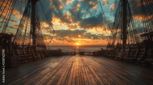 Wooden ship deck at sunset, ocean view. Perfect for adventure, travel, and nautical themes, evokes feelings of freedom and exploration.