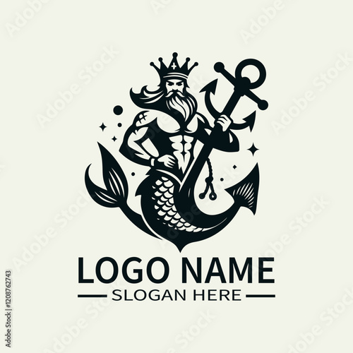 Mermaid King with Anchor Logo Design, Underwater King Logo