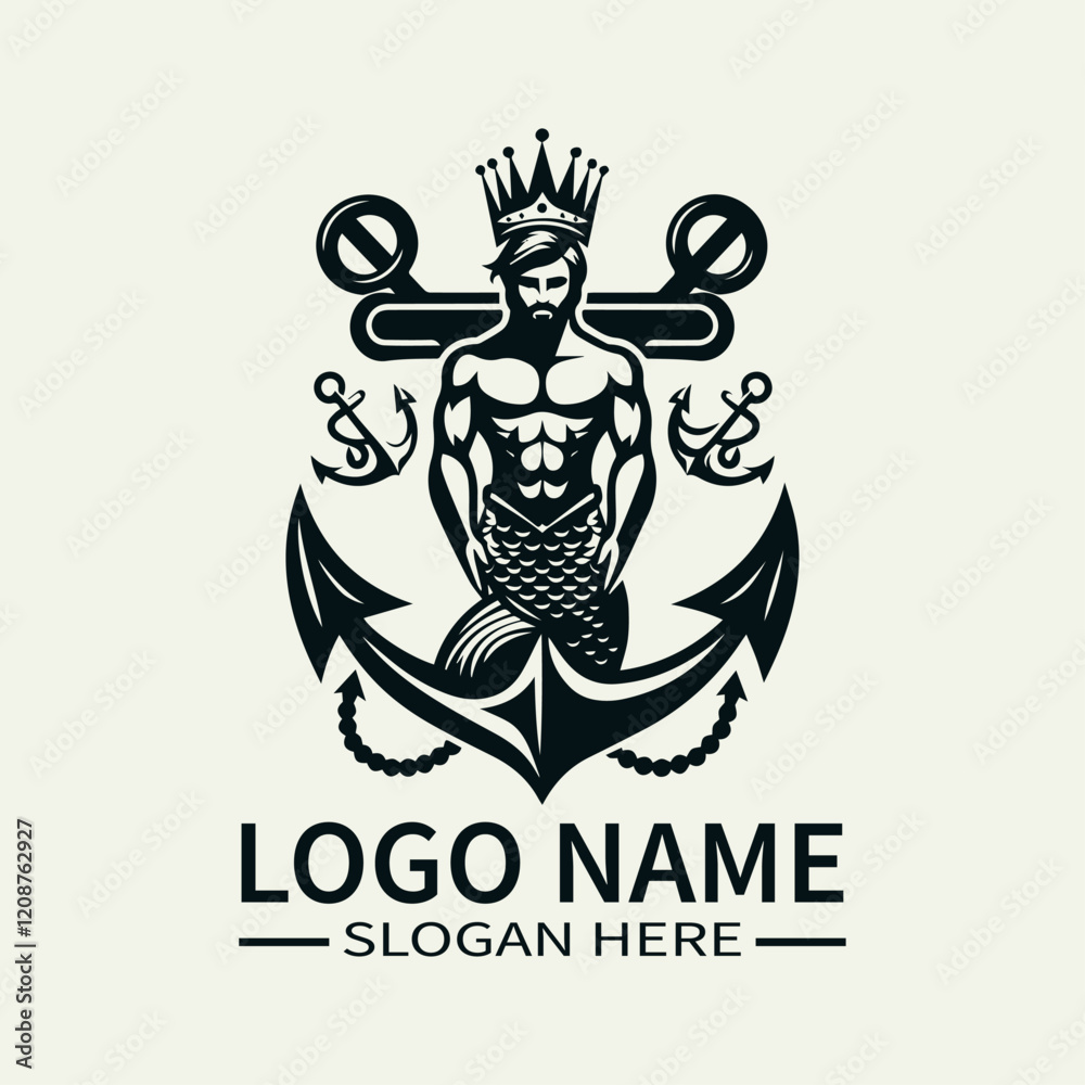 Mermaid King with Anchor Logo Design, Underwater King Logo Mermaid King with Anchor Logo Design, Underwater King Logo