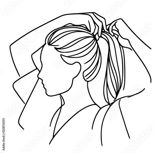 The girl removes the elastic from her hair, removing her ponytail. Linear vector contour minimalistic image