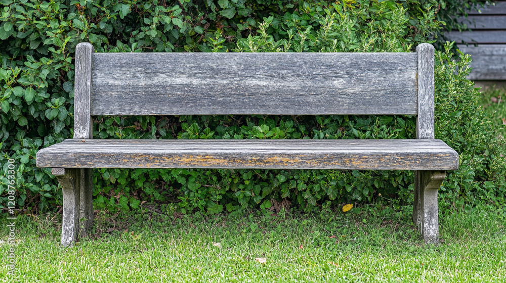 Wooden bench surrounded by greenery in a tranquil outdoor setting Wooden bench surrounded by greenery in a tranquil outdoor setting