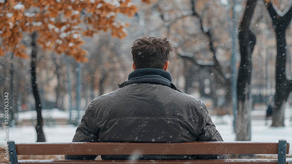 Fototapeta premium Man sitting on a bench enjoying a snowy day in a park surrounded by autumn leaves