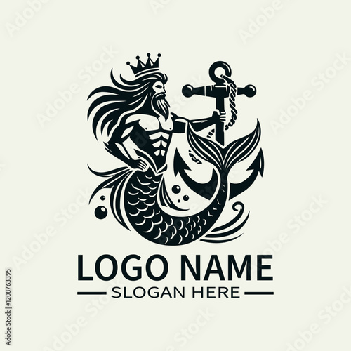 Mermaid King with Anchor Logo Design, Underwater King Logo