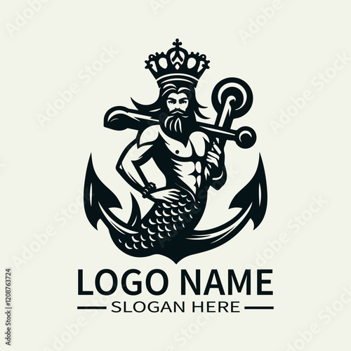 Mermaid King with Anchor Logo Design, Underwater King Logo