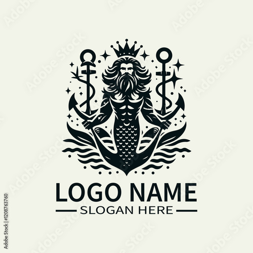 Mermaid King with Anchor Logo Design, Underwater King Logo