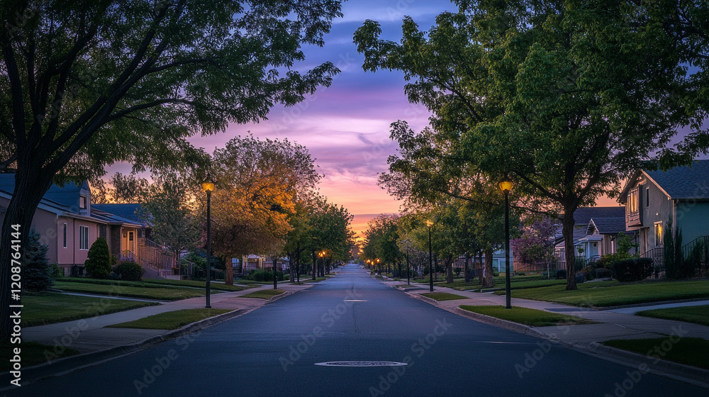 Quiet suburban street at dusk with colorful sky and streetlights illuminating pathway