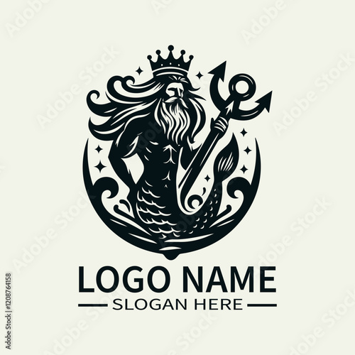 Mermaid King with Anchor Logo Design, Underwater King Logo