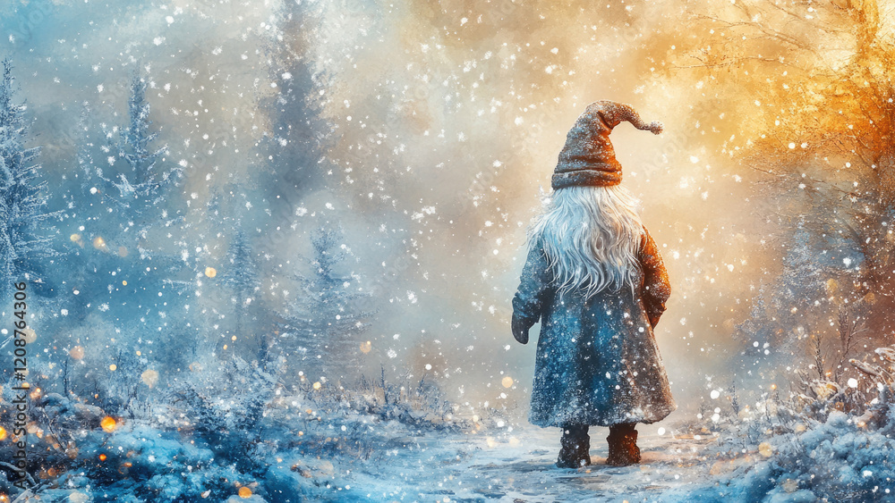 Cute snowman gnome sitting on a snowy mound with a festive red hat and snowy beard Cute snowman gnome sitting on a snowy mound with a festive red hat and snowy beard