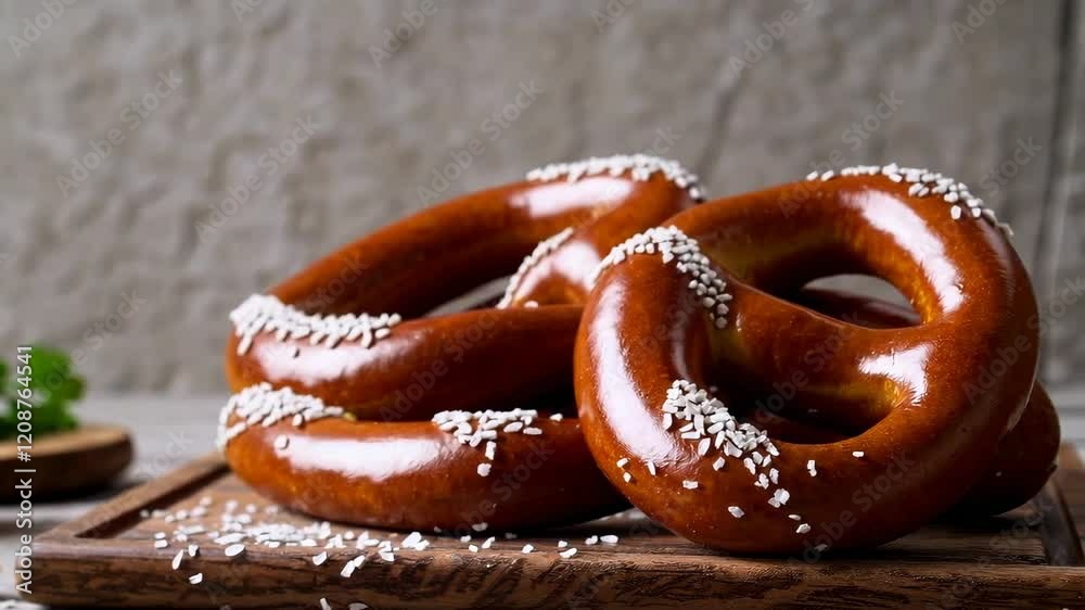 Traditional German pretzels with coarse salt on a wooden board

