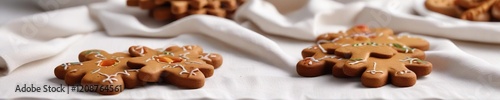 Baked gingerbread parts on a white linen tablecloth, gingerbred house, sugary treats photo